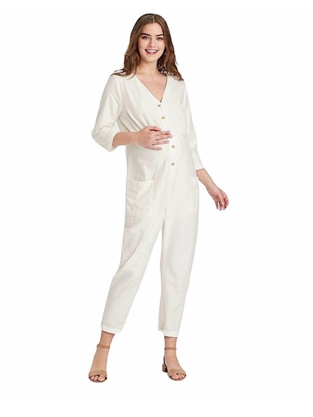 The Nines by HATCH Maternity Button Front 3/4 Sleeve Jumpsuit Medium Nursing